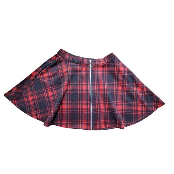 Hot Topic‎ O-Ring Plaid Zipper Skater Skirt Red Black Front Exposed Zipper 30 - Picture 1 of 7